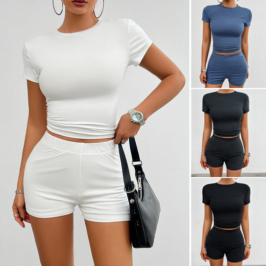 Solid Color Slim Sports Suit 2Pcs Short-sleeved Shorts